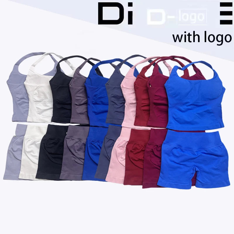 Deux pièces DF yoga vêtements ensemble tenues femme yoga Impact Halter Top et spors shorts 4.5 pouces Gym entraînement ensembles pilates vêtements