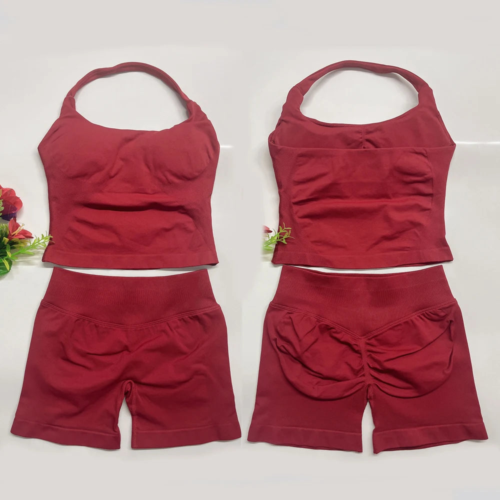 Deux pièces DF yoga vêtements ensemble tenues femme yoga Impact Halter Top et spors shorts 4.5 pouces Gym entraînement ensembles pilates vêtements