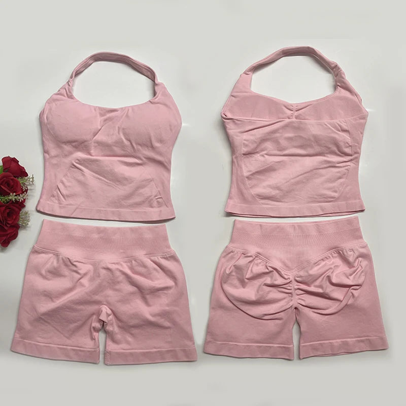 Deux pièces DF yoga vêtements ensemble tenues femme yoga Impact Halter Top et spors shorts 4.5 pouces Gym entraînement ensembles pilates vêtements