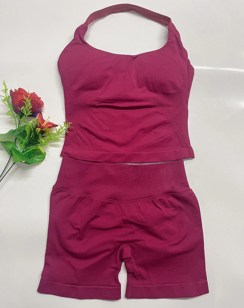 Deux pièces DF yoga vêtements ensemble tenues femme yoga Impact Halter Top et spors shorts 4.5 pouces Gym entraînement ensembles pilates vêtements