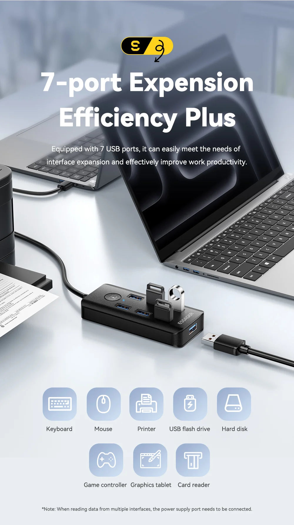 Essager 7 Ports USB HUB 3.0 haute vitesse Multi USB 3.0 répartiteur Type c USB 2.0 extenseur adaptateur secteur pour ordinateur PC