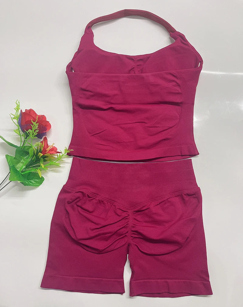 Deux pièces DF yoga vêtements ensemble tenues femme yoga Impact Halter Top et spors shorts 4.5 pouces Gym entraînement ensembles pilates vêtements