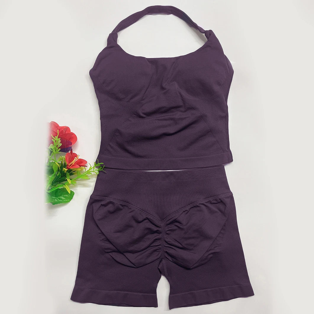 Deux pièces DF yoga vêtements ensemble tenues femme yoga Impact Halter Top et spors shorts 4.5 pouces Gym entraînement ensembles pilates vêtements