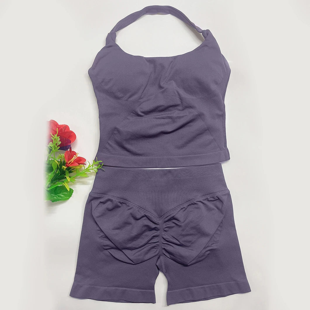 Deux pièces DF yoga vêtements ensemble tenues femme yoga Impact Halter Top et spors shorts 4.5 pouces Gym entraînement ensembles pilates vêtements