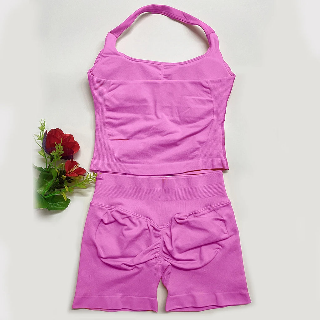 Deux pièces DF yoga vêtements ensemble tenues femme yoga Impact Halter Top et spors shorts 4.5 pouces Gym entraînement ensembles pilates vêtements