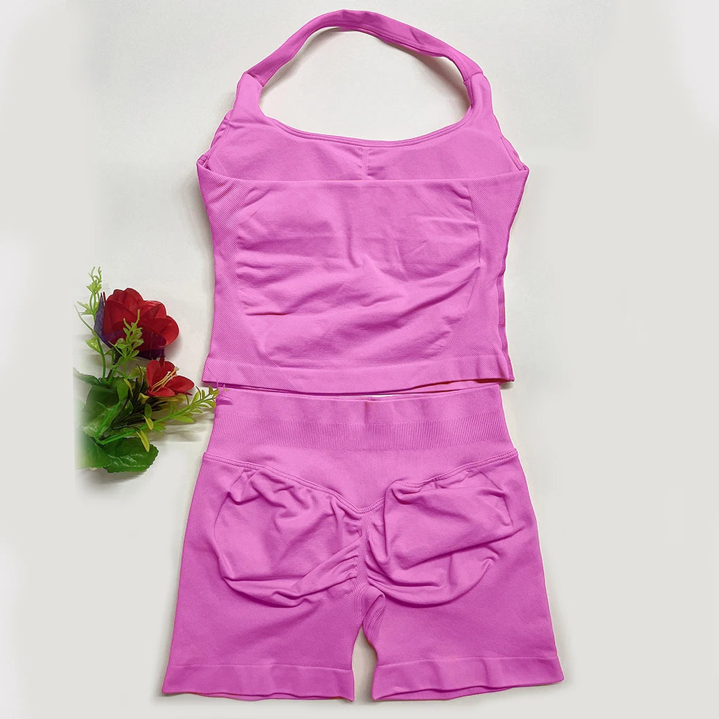 Deux pièces DF yoga vêtements ensemble tenues femme yoga Impact Halter Top et spors shorts 4.5 pouces Gym entraînement ensembles pilates vêtements