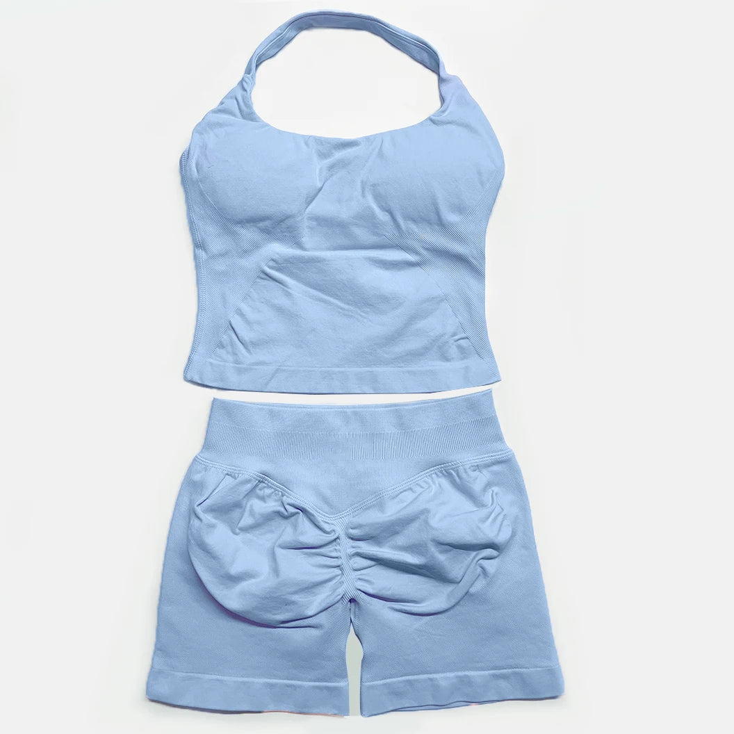 Deux pièces DF yoga vêtements ensemble tenues femme yoga Impact Halter Top et spors shorts 4.5 pouces Gym entraînement ensembles pilates vêtements