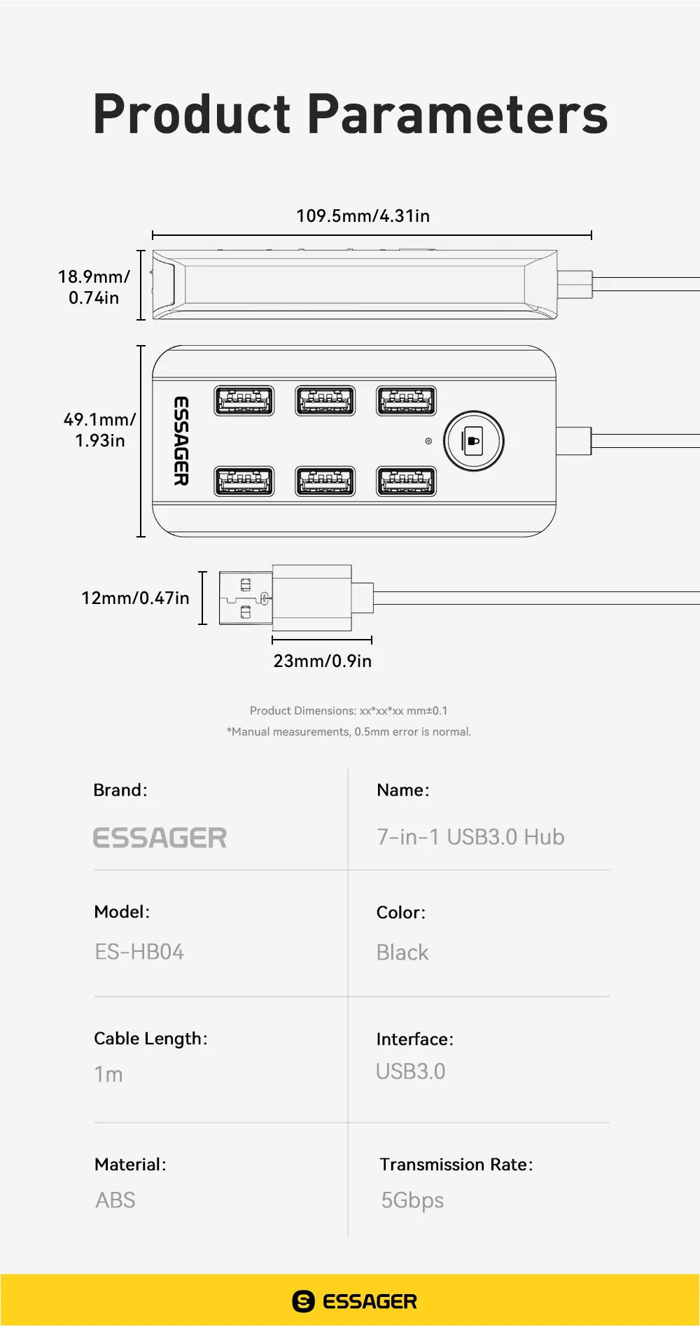 Essager 7 Ports USB HUB 3.0 haute vitesse Multi USB 3.0 répartiteur Type c USB 2.0 extenseur adaptateur secteur pour ordinateur PC