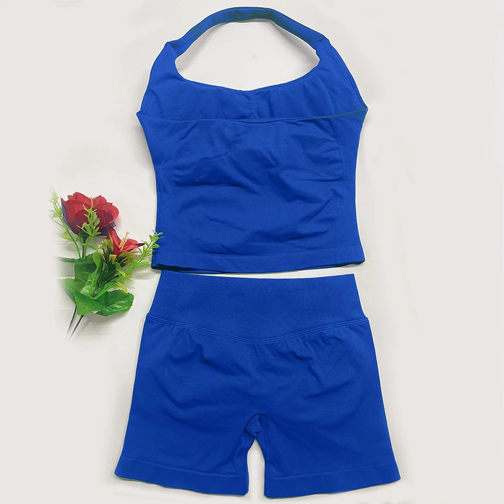 Deux pièces DF yoga vêtements ensemble tenues femme yoga Impact Halter Top et spors shorts 4.5 pouces Gym entraînement ensembles pilates vêtements