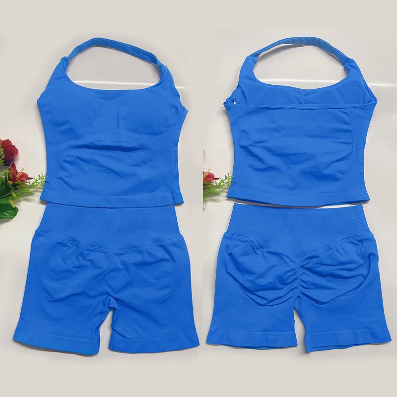 Deux pièces DF yoga vêtements ensemble tenues femme yoga Impact Halter Top et spors shorts 4.5 pouces Gym entraînement ensembles pilates vêtements