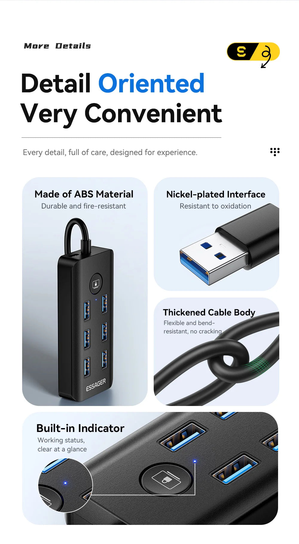 Essager 7 Ports USB HUB 3.0 haute vitesse Multi USB 3.0 répartiteur Type c USB 2.0 extenseur adaptateur secteur pour ordinateur PC
