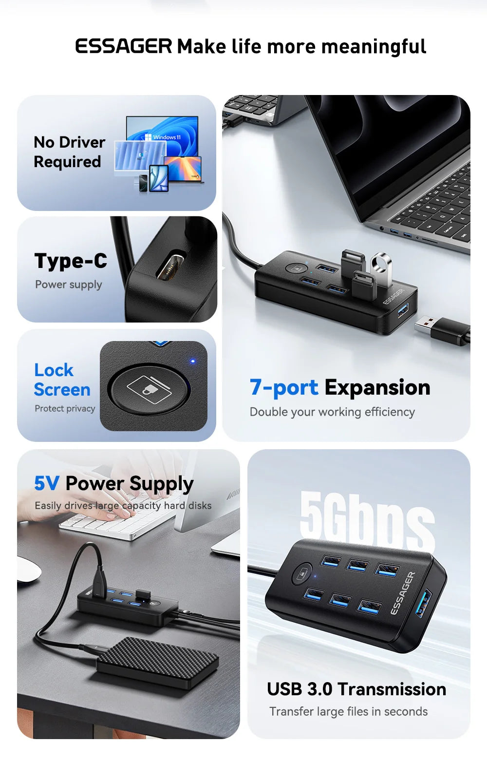 Essager 7 Ports USB HUB 3.0 haute vitesse Multi USB 3.0 répartiteur Type c USB 2.0 extenseur adaptateur secteur pour ordinateur PC