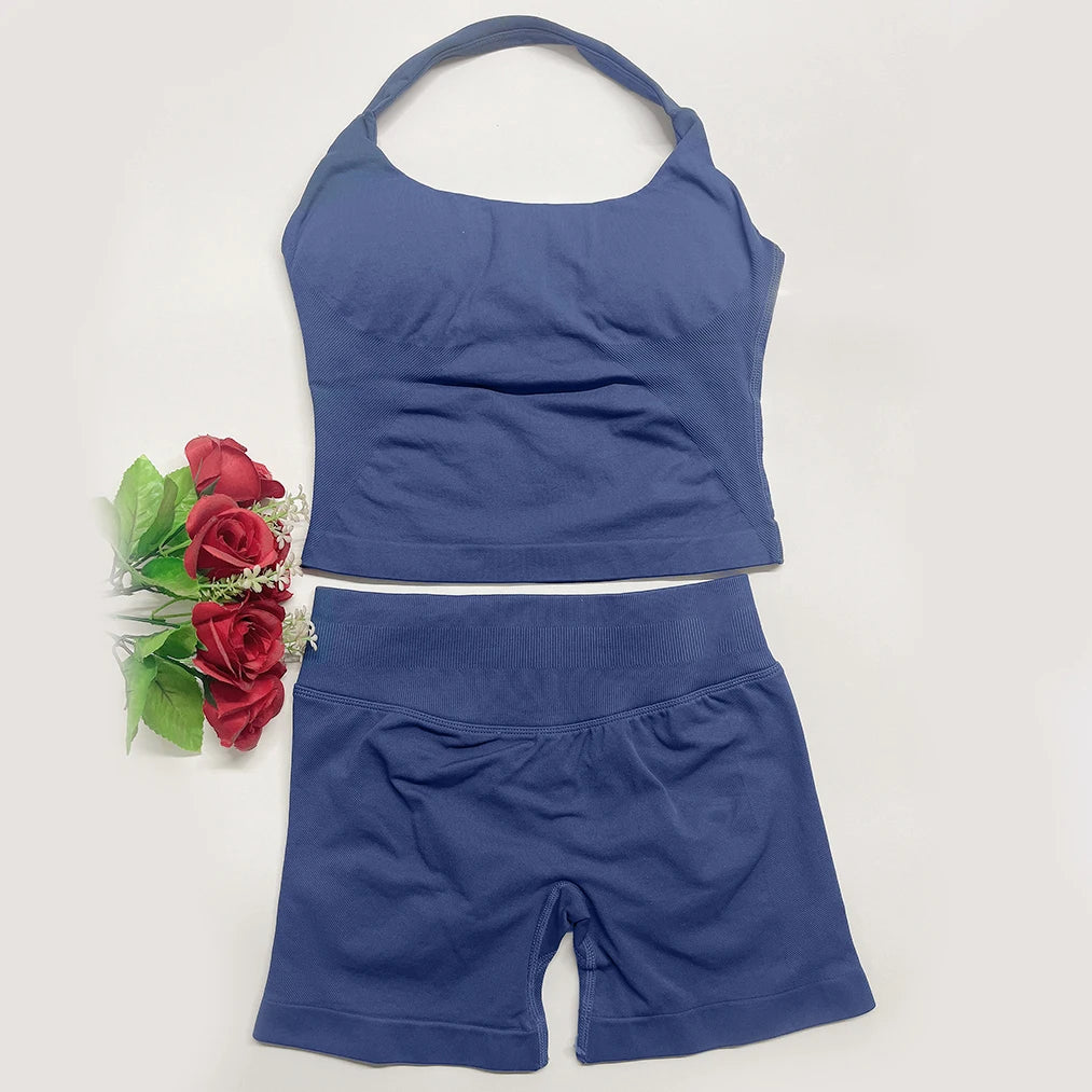 Deux pièces DF yoga vêtements ensemble tenues femme yoga Impact Halter Top et spors shorts 4.5 pouces Gym entraînement ensembles pilates vêtements