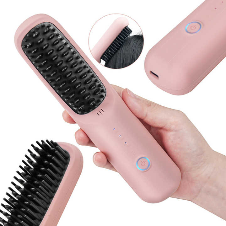 NNEDSZ Yellow Wireless Hair Straightening Brush - Portable 2-in-1 Styling Tool with USB Charging, Ceramic Heat Technology, and Compact Design-1