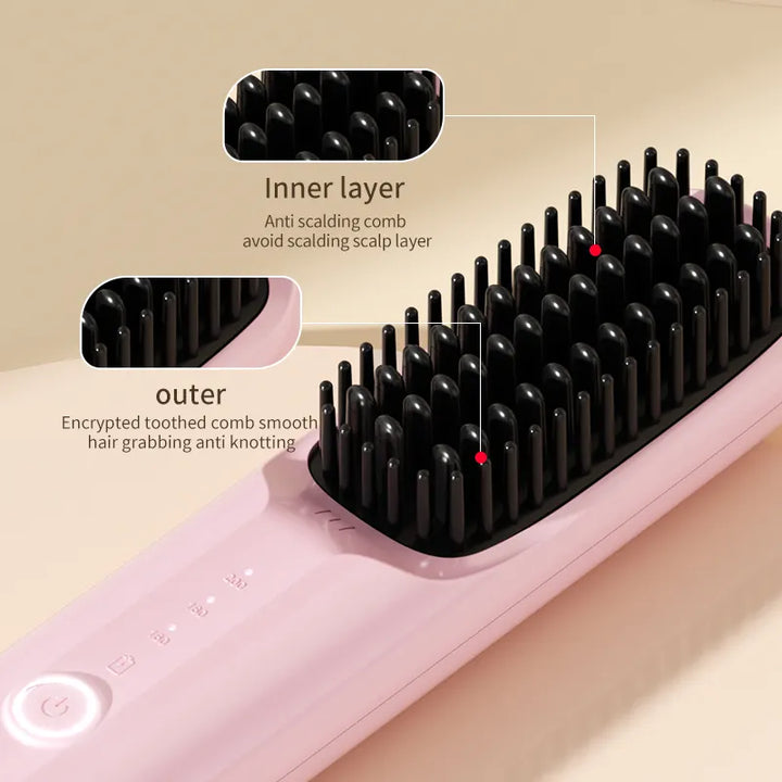NNEDSZ Yellow Wireless Hair Straightening Brush - Portable 2-in-1 Styling Tool with USB Charging, Ceramic Heat Technology, and Compact Design-2
