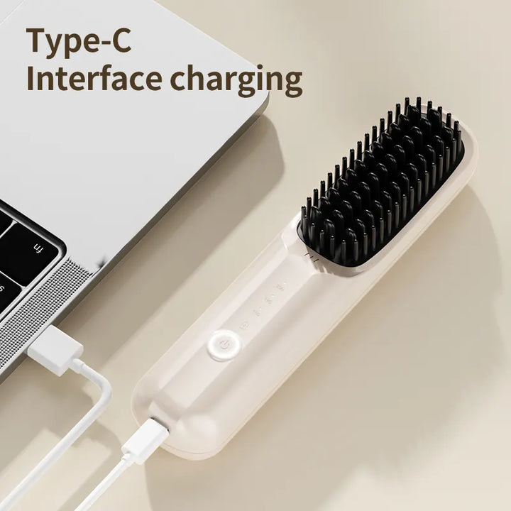 NNEDSZ Yellow Wireless Hair Straightening Brush - Portable 2-in-1 Styling Tool with USB Charging, Ceramic Heat Technology, and Compact Design-3
